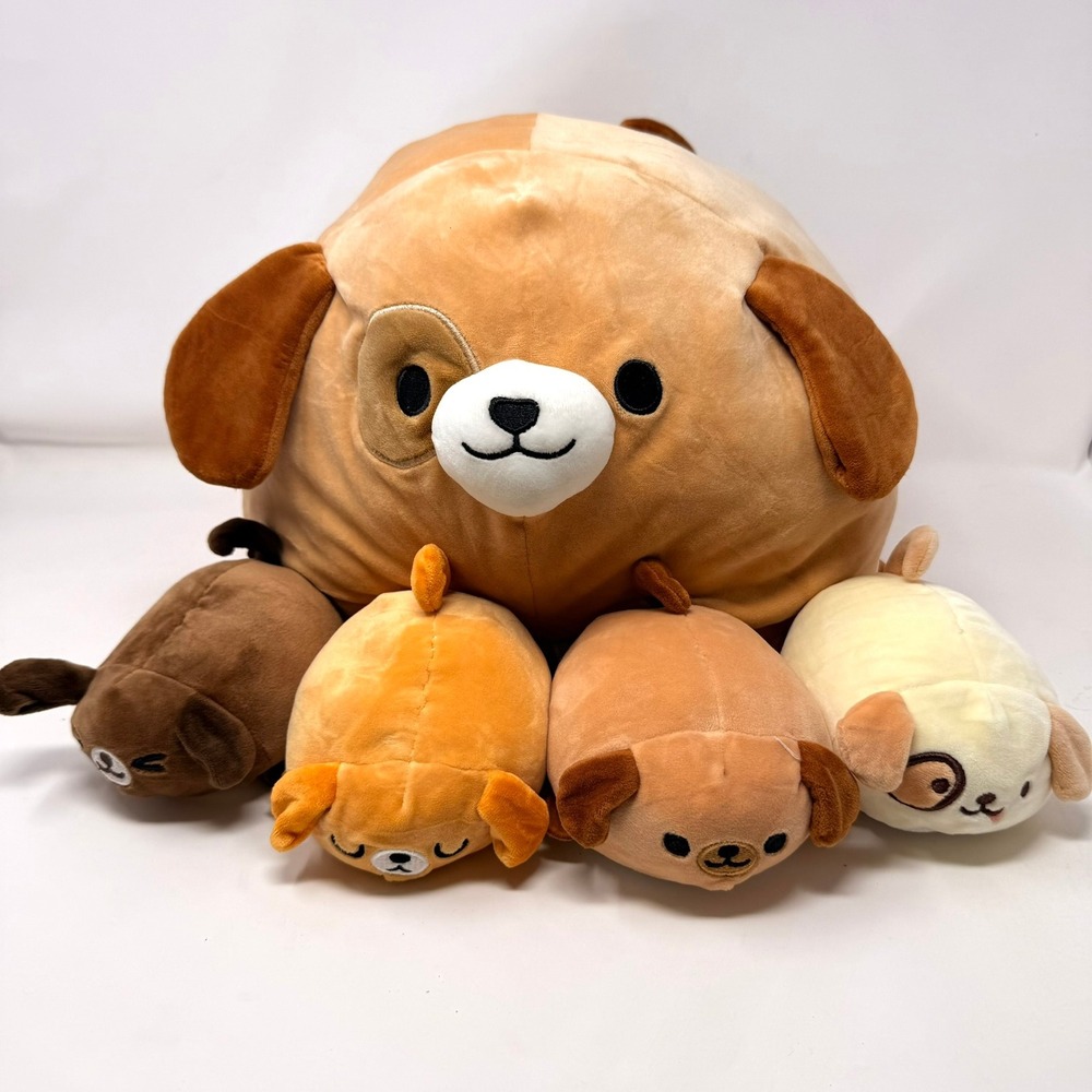 Large 17" Plush Corgi Dog with 4 Small Puppies Zippered Storage Set Tan Brown